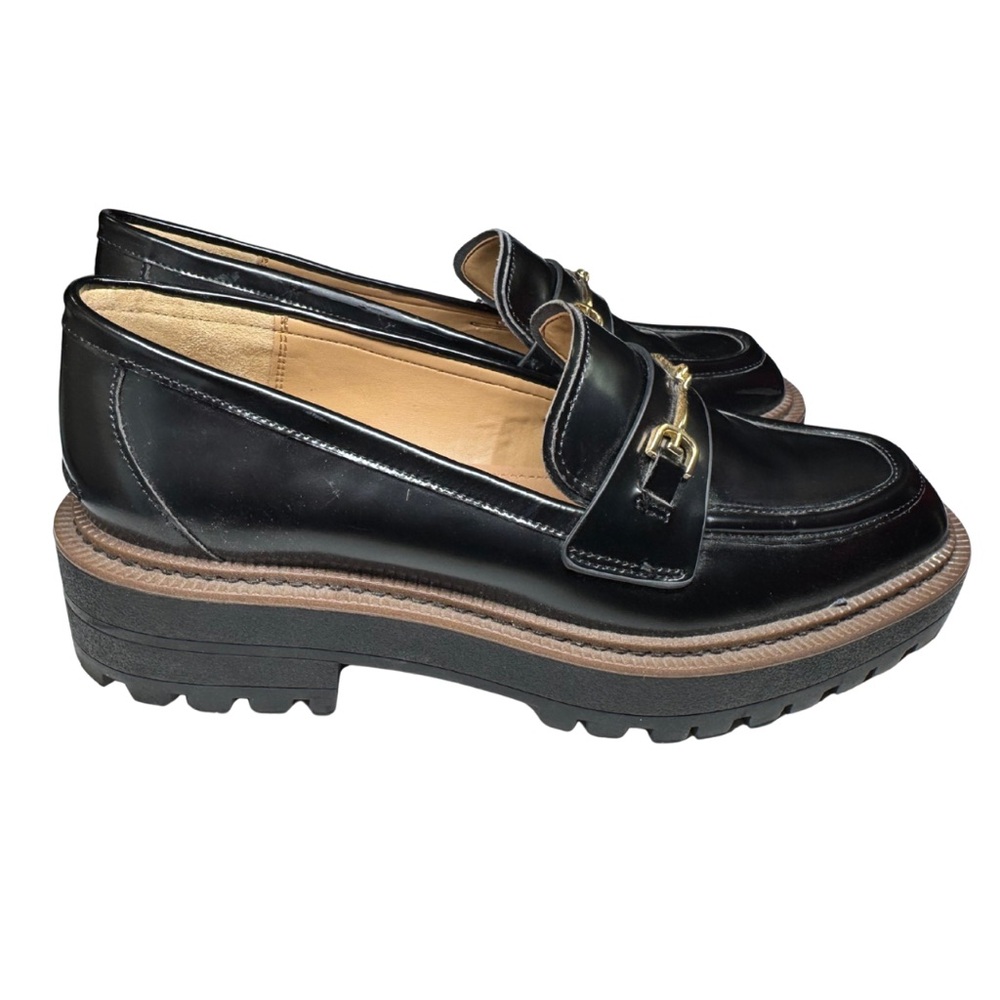 Sam Edelman Black Loafers Gold Accents Laurs Leather Lug Sole 8.5 preppy office